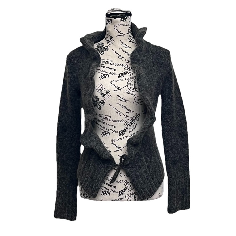 Zara Charcoal Grey Mohair Wool Cardigan L Soft Fuzzy Ruffle Trim Cozy Goth - Picture 2 of 11